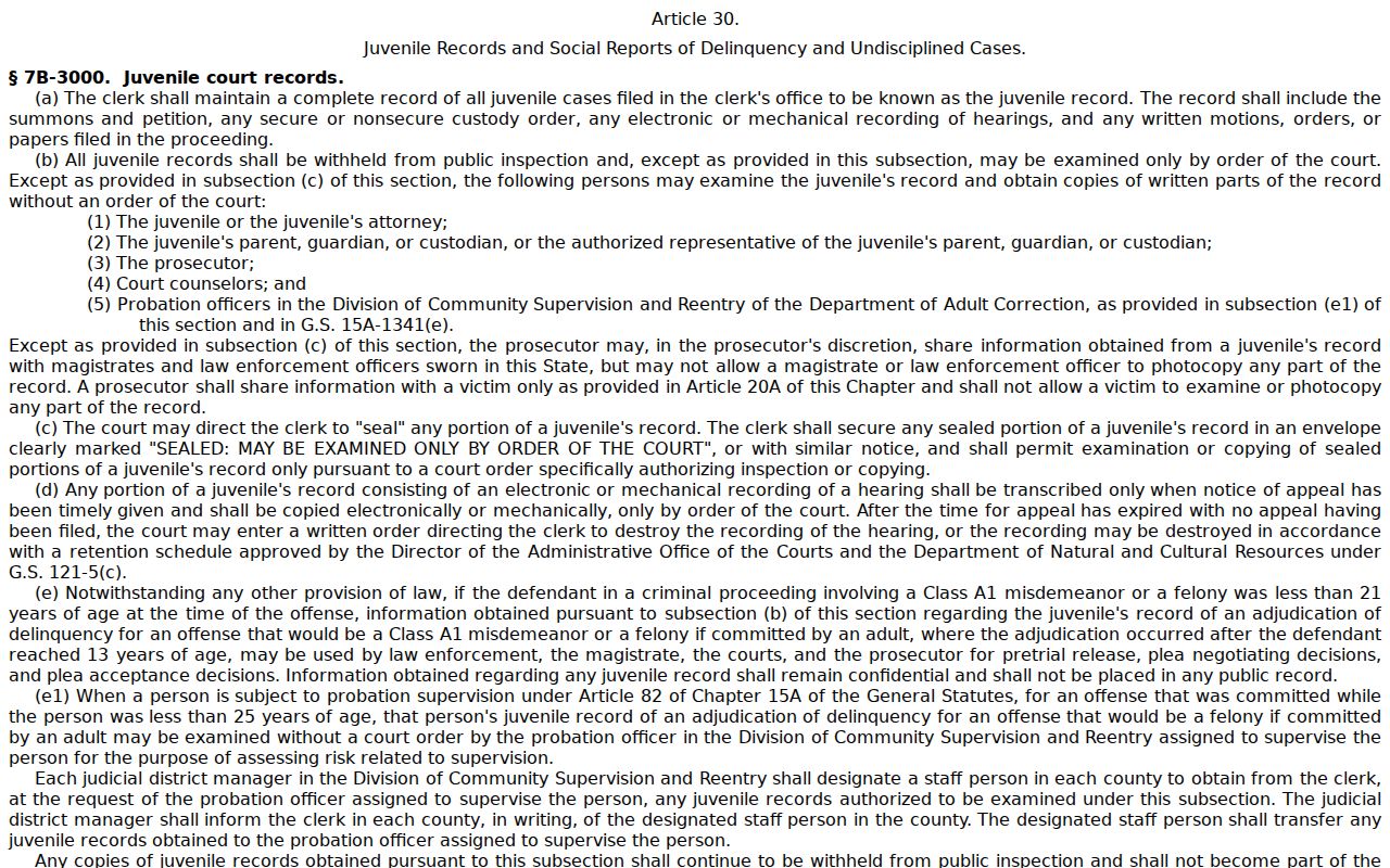 Whispering Pines court records image from North Carolina juvenile-record confidentiality law
